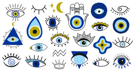 Evil eye symbols. Hand drawn eyes talismans, fatima hand, hamsa and turkish evil eye, sacred spirituality amulets vector illustration icons set. Magic, witchcraft, occult symbols, moon and starsのイラスト素材