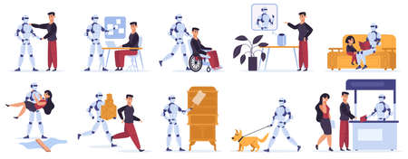 Robot helps human. Artificial intelligent personal assistant, robotic devices helps human owner, serving assisting vector illustration icons set. Doing household chores, walking with dogのイラスト素材