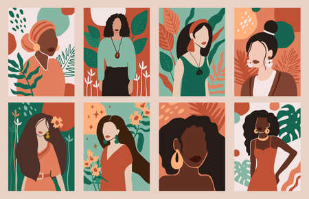Women portraits. Female abstract hand drawn contemporary portrait, fashion girls silhouettes, modern female face posters vector illustration set. Characters with different hairstyle, big earringsのイラスト素材