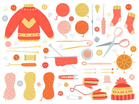 Knitting tools. Handmade creative winter hobby knitting needles, wool and thread, fall knit needlework supplies vector illustration icons set. Warm sweater, mittens, socks and hat accessoriesのイラスト素材