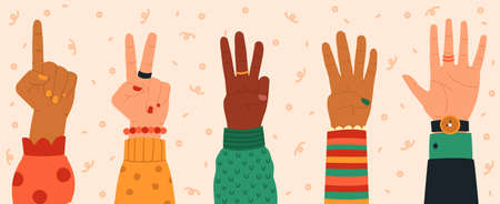 Counting hands. Hand gestures, modern hand drawn finger count from one to five, numbers shown by hands, trendy vector illustration icons set. Diverse people counting down, giving messageのイラスト素材