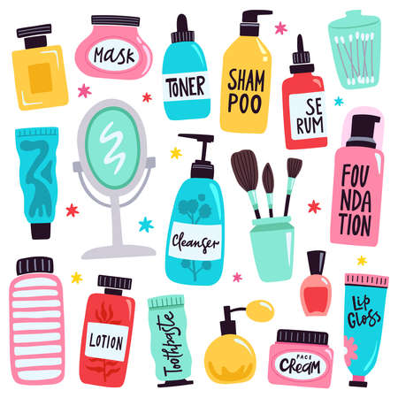 Makeup tools. Skincare routine cosmetic products, hand drawn skincare cosmetic doodle tools, beauty and makeup vector illustration icons set. Bottles with mask, toner, shampoo, serum, lotionのイラスト素材