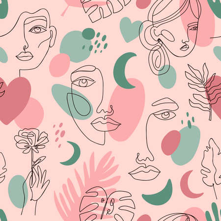 Abstract female portraits pattern. Seamless hand drawn outline female face, fashion continuous line girls portrait vector background illustration. Natural beauty, women head and flowersのイラスト素材