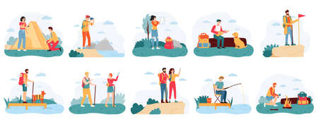 People hikers. Active hiking tourists, outdoor activity camping trip, male and female tourists adventure travel vector illustration set. Characters fishing, pitching tent, playing guitarのイラスト素材