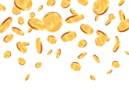 Realistic falling coins. Gold 3d coin falling down, jackpot dollar coins flying, golden dollar coins falling down vector background illustration. Many explosion, dropping rain in casinoのイラスト素材