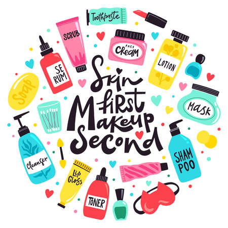 Doodle cosmetics tools. Make up, skin care beauty products, toner, lotion, lipstick and serum, makeup concept vector background illustration. Skin first makeup second. Bottles and accessoriesのイラスト素材
