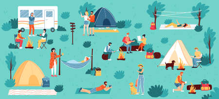 Outdoor camping. Adventure travel, hiking and nature camping, male and female tourists enjoy summertime outdoor activities vector illustration. People having rest, taking picture, lying in hammockのイラスト素材