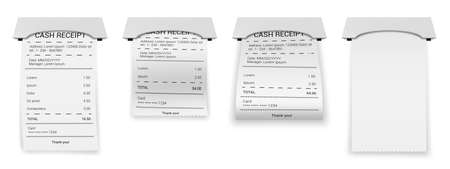 Realistic ATM bills. Paper printed bill or bank invoice transaction, financial 3D paper check, printed cash receipt vector illustration icons set. Payment blank or printout isolatedのイラスト素材
