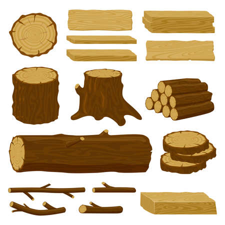 Wood trunks. Tree lumber, wood logs, logging twigs and wooden planks, stacked firewood material isolated vector illustration icons set. Wood elements for production industry, timber for fireのイラスト素材