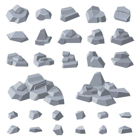 Granite rocks. Stone gravel rock, geology mountain pebble, grey pile of rocks, mountainous stone heap isolated vector illustration icons set. Natural block shapes for building, geologyのイラスト素材