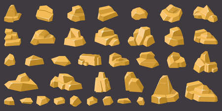 Golden rocks. Gold geology mountain pebble, stone gravel, rocks pile, game design golden rocks isolated vector illustration icons set. Small and big treasure elements for decorationのイラスト素材