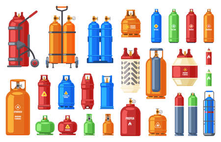 Gas steel cylinder. Gas tank, oxygen, propane or butane metal flammable containers, helium, petroleum gas cylinders vector illustration icons set. Fuel storage under high pressure, compressed gasのイラスト素材