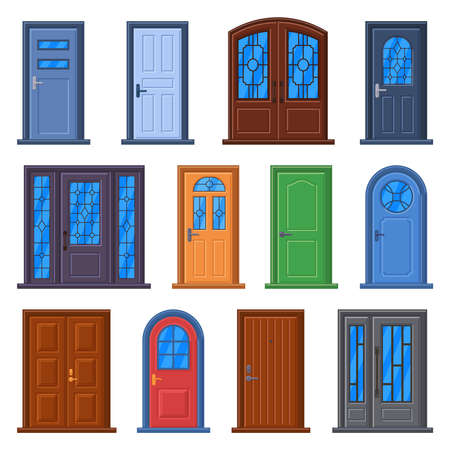 Modern doors. Front entrance doors, house, building or room doorway, closed building exterior and interior doors vector illustration set. Colorful entree with wood and glass windowsのイラスト素材