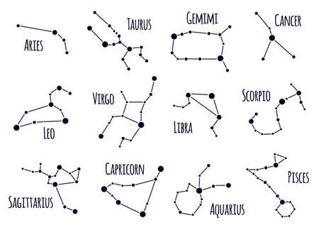 Zodiacal constellations. Astrology star signs, sky astrological star maps, hand drawn horoscope constellations isolated vector symbols set. Future prediction, magic symbols collectionのイラスト素材