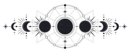 Moon phases. Mysterious moonlight activity stages, hand drawn sacred geometry moon, magic astrology symbols, phases of moon vector illustration. Mystic lunar phases for tattoo drawingのイラスト素材