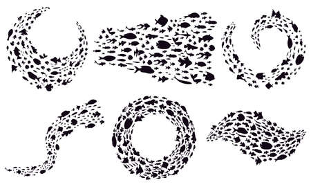 Fish schools. Groups of sea fish silhouettes, ocean circle and wave spawning fishes colony, marine symbols vector illustration set. Swimming in round and wavy form, marine life on whiteのイラスト素材