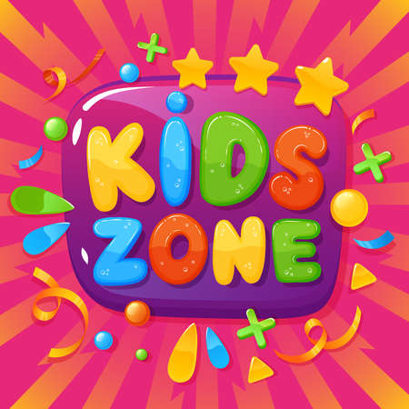 Kids zone banner. Children playroom poster, childish party, fun games decoration, kids club fun playing zone poster vector background illustration. Entertainment for boys, girls, preschool educationのイラスト素材