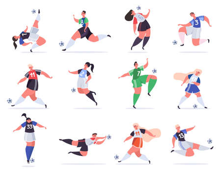 Sport football people. Soccer male and female characters, football people kicking ball, professional sportsmen vector illustration set. Characters playing in uniform, different positionsのイラスト素材