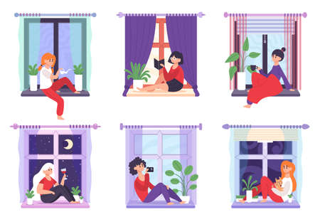 Girls in windows. Young women sitting on windowsill, thinking, reading and drinking coffee, cozy...