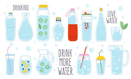 Cute water doodle. Bottle, glass, thermos and decanter of water, water drop, ice cubes and splash, hand drawn trendy vector illustration icon set. Plastic container, jar with liquidのイラスト素材