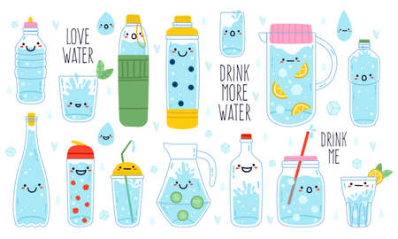 Doodle drink more water. Cute funny hand drawn water mascots in mug, glass and bottle, healthy rituals drink more water vector illustration set. Jar, cup with straw, thermo with facesのイラスト素材