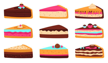 Cake slices. Sweet sliced birthday pie, cheesecake, layered sponge cake, delicious pastry glaze fruit, chocolate dessert vector illustration set. Dessert for celebration with caramel and candyのイラスト素材