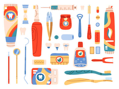 Dental care tools. Oral hygiene products and cleaning tools, toothbrush, toothpaste, dental floss, mouthwash. Oral care vector illustration set. Equipment for orthodontic treatmentのイラスト素材