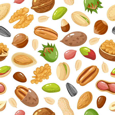 Seeds and nuts pattern. Nut, grain and seed seamless pattern, hazelnut, nut food pistachio and sunflower seed vector background illustration. Healthy food for dieting, organic snackのイラスト素材