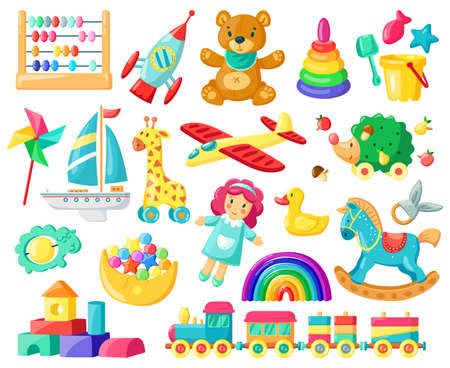 Cartoon baby toys. Child toys, bear, doll, logic toys, train, boys and girls inventory for kids games and entertainment vector illustration set. Rocket and aircraft, boat and giraffeのイラスト素材