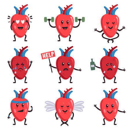 Cute heart characters. Healthy and sick unhealthy cute heart characters, medical human organ, sad and happy heart organ vector illustration set. Exercising with dumbbells, drinking from bottleのイラスト素材