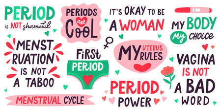 Menstruation lettering. Menstrual cycle quotes, my uterus my rules, menstruation is not taboo. First periods lettering vector illustration set. My body my choice, female motivational sayingのイラスト素材