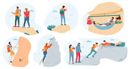 Mountain climbers. Active outdoor activity, climbers group and tourists, extreme lifestyle, trekking, hiking in mountains vector illustration set. People traveling with backpacks, resting in hammockのイラスト素材