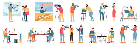 Media TV journalists. Talk show hosts, news presenters and broadcast journalist, television industry videographers crew vector illustration set. Weather forecast and breaking news hostsのイラスト素材