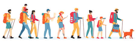 Travelling hikers. Outdoor active hikers, walking young men and women with backpacks, tourists people in trekking tour vector illustration set. Characters with map, gadget, binocularsのイラスト素材