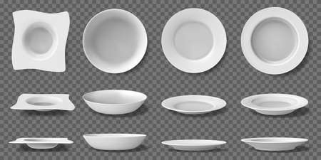 White realistic plates. Porcelain household kitchenware, dishes and bowls, 3D ceramic dining tableware. Blank kitchen crockery vector illustrations. Round plates for soup and saladのイラスト素材