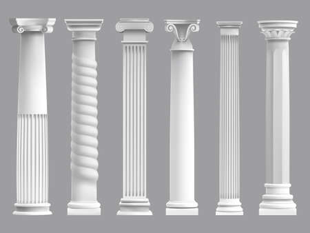 Antique greek pillars. Greek ancient column, historic roman culture pillars. Architectural classic columns vector illustration set. Striped decorative high construction for buildingのイラスト素材