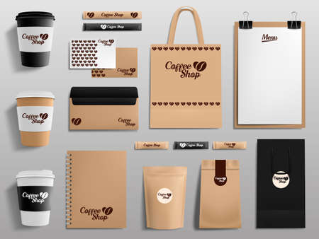 Realistic coffee shop mockups. Cafe, restaurant corporate identity, cup, envelope, menu and package templates vector illustration set. Branding, isolated shopping bags, sugar and notebookのイラスト素材