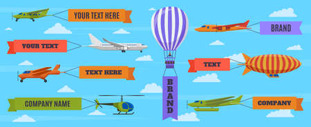 Airplane with banners. Planes, biplane, hot air balloon and airship with advertising banners. Flying vehicles with ad ribbons vector illustration. Aviation transport flying in sky with place for adのイラスト素材