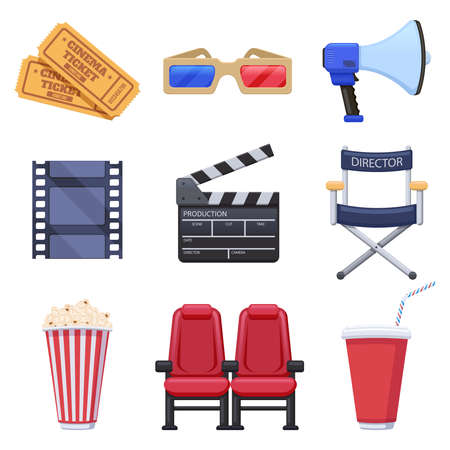 Movie theatre elements. Film production and cinema industry, tickets, 3d glasses, popcorn and movie clapboard. Cinema objects vector illustrations. Cinematography, red chairs for spectators, drinkのイラスト素材