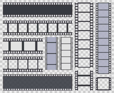Film strip. Retro movie strip border, cinema monochrome photo or video framed filmstrip. Vintage cinematography tape isolated vector symbols. Blank photo frames, free space isolated on transparentのイラスト素材