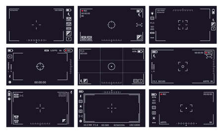 Camcorder viewfinder interface. Camera viewfinder, digital display video quality, rec time, battery. Cam viewfinder screen vector illustrations. Focusing screen, image stabilizationのイラスト素材