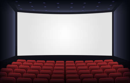 Empty cinema theatre. Film presentation scene with red chairs and white empty screen. Movie theatre empty scene vector illustration. Row with seats for watching movie, hall for spectators or audienceのイラスト素材