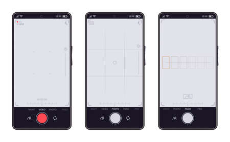 Smartphone camera interface. Mobile phones video and photo app, mobile viewfinder screens. Phone camera display vector symbols set. Cellphone with different camera modes, device with recorderのイラスト素材