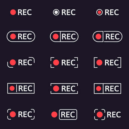 Recording icons. Smartphone or camera viewfinder record buttons, video recording screen indicator. Video app REC ui icons vector symbols set. Mobile phone application for film makingのイラスト素材