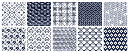 Japanese geometric patterns. Seamless oriental decorative backdrops, geometric ornamental pattern. Traditional asian motifs vector background set. Abstract blue floral design for fabricのイラスト素材