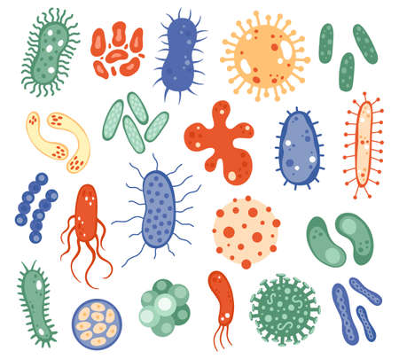 Biology microorganisms. Biological virus, bacteria, disease microbes, infection germ and infectious agent. Microorganism cells vector symbols. Microscopic bacillus, pandemic influenzaのイラスト素材