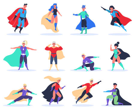 Female and male superheroes. Powerful superhero characters with cloak vector illustration set. People in capes with super powerのイラスト素材