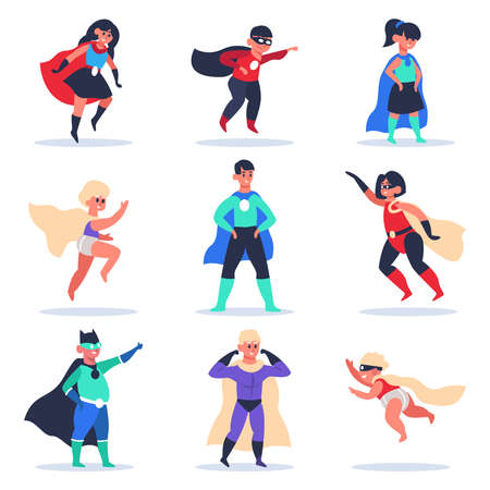 Superhero kids. Boys and girls superhero characters, wonder children in colorful superhero costumes with cloak isolated vector illustration set. Kids in bright suites, masks with capesのイラスト素材