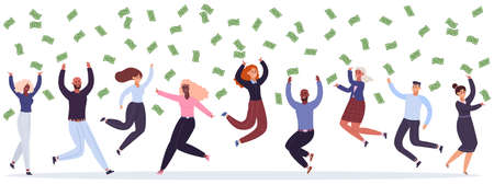 Business celebrating. Happy business team celebrating victory, jump under money rain, falling cash. Successful business people vector illustration. Diverse employees catching banknotesのイラスト素材