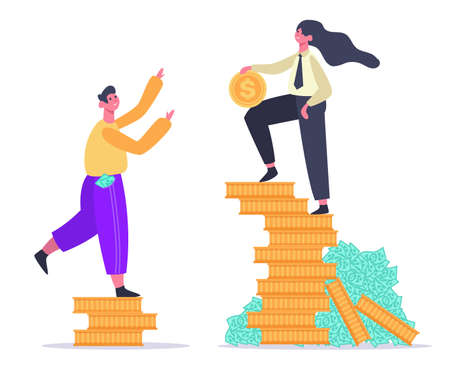 Salary inequality. Gender gap, economic classes inequality, male and female on money stack. Social difference, injustice vector illustration. Discrimination, people standing on coin pilesのイラスト素材